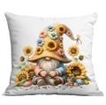 Detailed macro view of white sunflower gnome pillowcase with vibrant floral digital print - 45x45cm / Gnome Sunflower Tall Hat Style (CDR21-11)