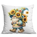 Detail of sunflower gnome cushion cover with intricate colorful embroidery on white fabric - 45x45cm / Gnome Backpack Style (CDR21-18)