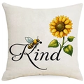 Spring Bee Sunflower cushion cover with 'Kind' text on beige linen for sofa decor - Kind Style (DYM06-18)
