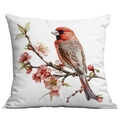 Detailed view of white throw pillow featuring realistic bird and floral branch prints - Red-headed Gray Bird and Flowering Branches (CDR22-25) / 45x45cm