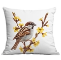 White square pillowcase featuring a realistic sparrow and yellow flower print - Sparrow And Yellow Flowers (CDR22-7) / 45x45cm