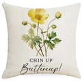 Vintage floral throw pillow cover with yellow buttercup and Chin Up quote print - Buttercup Style (DYM07-4)