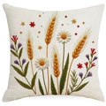 Square beige pillowcase with floral embroidery featuring daisies and wheat stalks - Pastoral Colorful Embroidery Look (ymdd01-6) / Double Sided Print Without Core