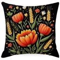 Floral black pillowcase featuring detailed sunflower and tulip patterns with double-sided print - Black Sunflower Wheat (ymdd01-12) / Double Sided Print Without Core