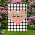 Garden flag with black white buffalo check, pink rose heart, and believe text in garden - Rose Heart Style (HYQ73-2)