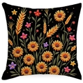 Black floral square pillowcase featuring sunflowers and wheat ears print on white background - Black Pastoral Dense Floral (ymdd01-14) / Double Sided Print Without Core