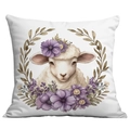 Dettaglio della federa bianca con agnello disegnato a mano e ghirlanda di fiori viola - Agnello e Ghirlanda (CDR24-19)
