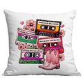 Pink western cowboy throw pillow cover with vintage cassette tapes and daisies - 45x45cm Single Sided Printing / Retro Tapes and Cowboy Boots Illustration (CDR12-10)