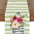 Spring table runner with green stripes and floral bouquet print on rustic wood - 33*183cm / Striped Floral Vase (ZQT02-5)