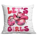 Pink western cowgirl disco ball pillow cover with Let's Girls text on white canvas - 45x45cm Single Sided Printing / LET'S GIRLS Disco Ball Cowboy Hat Illustration (CDR12-11)