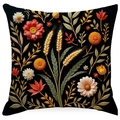 Square black pillow cover featuring autumn floral embroidery style and golden harvest pattern - Black Autumn Dense Floral (ymdd01-17) / Double Sided Print Without Core