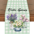 Light green gingham table runner featuring Hello Spring text and watercolor flowers - 33*183cm / Hello Spring Plaid (ZQT02-7)