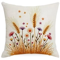 Square beige pillowcase featuring vibrant orange and purple embroidered floral patterns - Off-white Wheat Wildflower Embroidery Look (ymdd01-19) / Double Sided Print Without Core