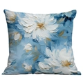 Square cushion cover with 3D oil painting white flowers on a textured blue background - Blue Impasto Artistic Large Flower (CDR01-7) / Short Plush Single Side Without Core