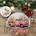 Detail of round linen placemat showing high-precision watercolor floral truck pattern print - Pink Flower Filled Truck (YCD01-18)