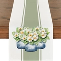 Spring table runner with sage green stripes and watercolor potted flowers on wood - 33*183cm / Green Stripe Potted Flower (ZQT02-8)