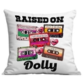 White square cushion cover with retro Dolly Parton cassette tape print design - 45x45cm Single Sided Printing / Raised on Dolly Cassettes Illustration (CDR12-16)
