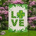 Detail of St. Patrick's Day garden flag with green clover LOVE pattern and wooden texture - LOVE Letter Shamrock Wood Grain Style (HYQ73-6)