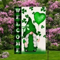 Macro detail of St. Patrick's Day garden flag with gnome and welcome text on burlap fabric - Gnome with Buffalo Plaid Welcome Style (HYQ73-5)