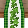 Macro detail of St. Patrick's Day table runner with green shamrock prints and checkered edges - 33*183cm / Green White Plaid Border Green Shamrock Pattern (ZQT03-9)