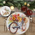 Round floral table mat featuring vintage bicycle and sunflowers on rustic wooden table - Vintage Floral Bicycle (YCD01-1)
