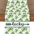 Detail of St. Patrick's Day table runner with green clovers and Lucky text on wood - 33*183cm / White Background Full Print Watercolor Shamrock LUCKY Pattern (ZQT03-8)