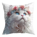 Detailed close-up of a square pillowcase featuring a white cat with floral wreath print - Healing Pink And Blue Wreath Cat Style (CDR30-13) / 45x45 Single Sided Without Insert