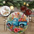 Sottopiatto rotondo con camion blu vintage e design floreale su tavolo in legno - Camioncino Vintage Blu (YCD01-2)