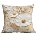 Elegant 3D floral cushion cover with white blossoms and golden leaves for sofa decor - Cream Champagne Gold Stereoscopic Floral (CDR01-12) / Short Plush Single Side Without Core