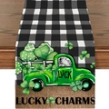 Chemin de table de la Saint-Patrick à carreaux avec camion vert et trèfles chanceux - 33*183cm / Carreaux Buffalo Noir et Blanc Motif Camion Vert (ZQT03-3)