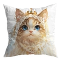 Detailed view of luxury cat pillow cover with blue-eyed cat wearing a golden crown and lace veil - Crown And Lace Royal Cat Style (CDR30-9) / 45x45 Single Sided Without Insert