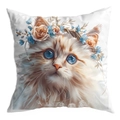 Detail of white square cushion cover with blue-eyed cat and floral wreath print - Orange And Blue Wreath Cat Style (CDR30-8) / 45x45 Single Sided Without Insert
