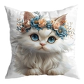 Detail of white square cushion cover featuring a hand-painted cat illustration with flowers - Blue And Pink Wreath Cat Style (CDR30-5) / 45x45 Single Sided Without Insert