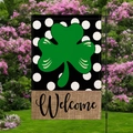 Detail of St. Patrick's clover garden flag with Welcome text hanging on a lawn - Polka Dot Shamrock Welcome Style (HYQ73-7)