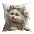 Square white pillowcase featuring a romantic long-haired cat with daisy flower headpiece - Kitten With Daisy Headpiece Style (CDR30-2) / 45x45 Single Sided Without Insert