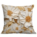 3D embossed floral pillow cover featuring elegant white flowers with gold leaf accents - White Gold 3D Stereoscopic Luxury Floral (CDR01-19) / Short Plush Single Side Without Core
