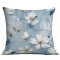 3D floral oil painting square cushion cover with white blossoms on blue background - Blue White Freehand Impasto Art Flower (CDR01-23) / Short Plush Single Side Without Core