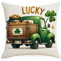 Detail of St. Patrick's Day pillowcase featuring lucky clover and vintage green truck - 45*45cm Linen Single-Sided No Insert / Green Retro Truck and LUCKY Pattern (DYM18-18)