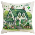 Detail of St. Patrick's Day pillowcase with watercolor cottage, clover and green hat - 45*45cm Linen Single-Sided No Insert / Festive House Illustration Pattern (DYM18-12)