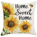 Housse de coussin carrée tournesol avec abeille et Home Sweet Home sur tissu beige - Tournesol et Abeille (DYM23-1) / 45x45cm Simple face sans intérieur