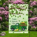St. Patrick's Day garden flag featuring a gnome, green truck, and clover pattern - Gnome and Green Pickup Truck Gold Coins Style (HYQ73-8)