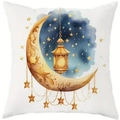 White Ramadan cushion cover featuring golden crescent moon and lantern watercolor print - 45*45cm White Linen Single Side Without Insert / Ramadan Blue Star Crescent Lantern Style (DYM21-3)