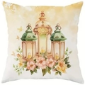 Watercolor crescent moon lanterns and floral pattern on white square pillowcase - 45*45cm White Linen Single Side Without Insert / Ramadan Three Lanterns Floral Butterfly Style (DYM21-4)