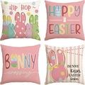 Detailed four-piece set of linen Easter pillow covers with bunny and egg prints - Pink Hand-painted Bunny Character (DYM22-28)