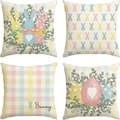 Detailed set of four Easter linen pillow covers with bunny and floral egg patterns - Macaron Plaid & Bunny Silhouette (DYM22-31)