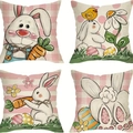 Set of four Easter pillow covers with bunny, eggs, and daisy prints on linen fabric - Macaron Polka Dot & Festive Basket (DYM22-33)