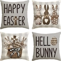 Detail of 4-pack linen Easter pillowcases featuring bunny, eggs, and floral festive prints - Vintage Beige Bunny & Egg Basket (DYM22-25)