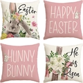 Close-up of Easter linen pillowcase fabric texture with rabbit and floral prints - Pink Bunny & Cross Lily (DYM22-24)