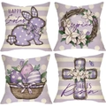 Detail view of 4-piece Easter linen pillow covers with bunny and egg prints - Purple Polka Dot Bunny & Cross (DYM22-23)