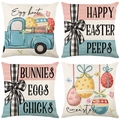 Detail of four Easter linen pillow covers with bunny, eggs and blue truck patterns - Blue Truck Easter Style (DYM22-12)